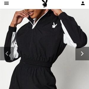 Playboy x Missguided black white cropped Active Half Zip Windbreaker jacket sz 6